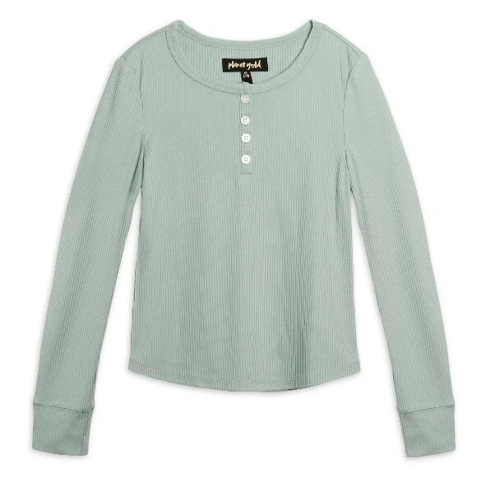 Planet Gold Girls Long Sleeve Henley XS 4-5 New with Tags Green Yummy Rib Cuffed